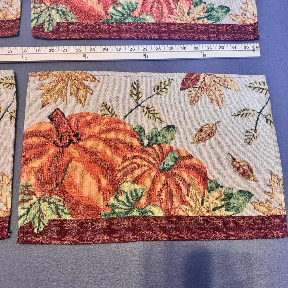 4 Fabric Fall Harvest Placemats Gold Metallic Shimmer Pumpkins Thanksgiving READ